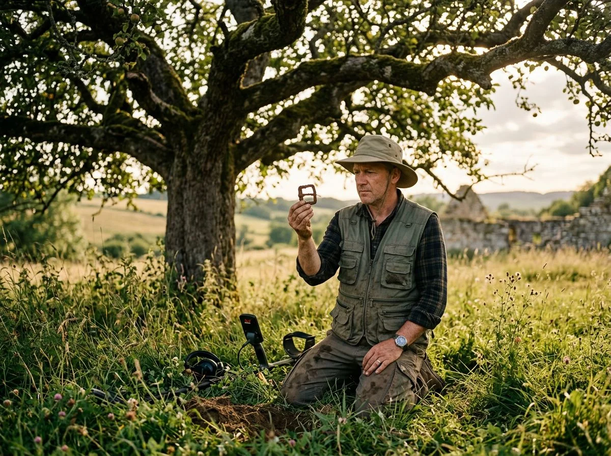 Metal detectorist kneeling under an ancient apple tree, examining a rusted iron find in golden hour light, with hills and old farmhouse foundation behind