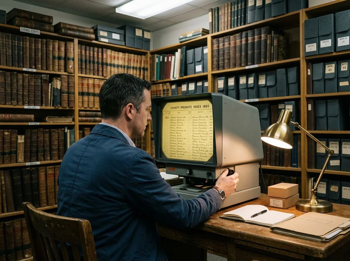 Man using a microfilm reader in a county archive room
