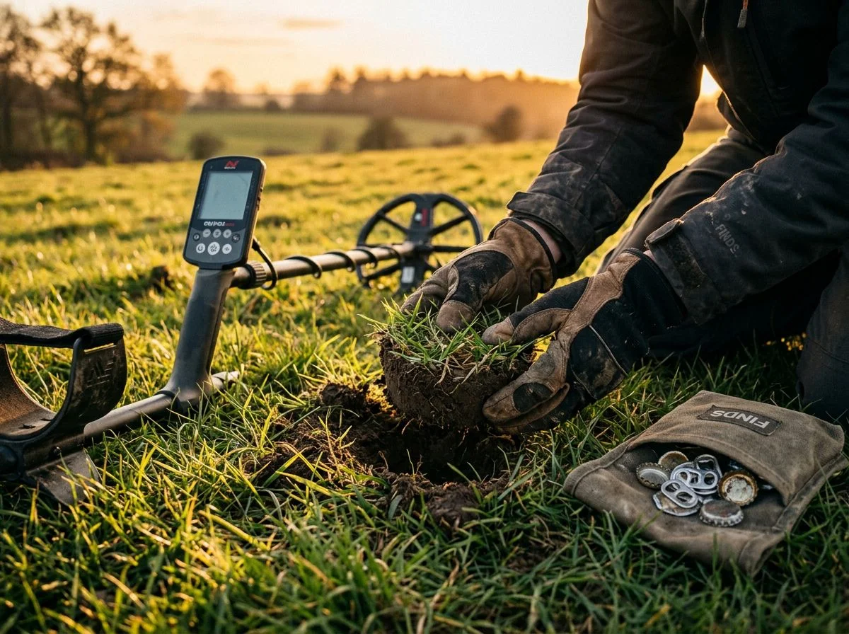 Hands in work gloves carefully replacing a grass plug over a filled detecting hole