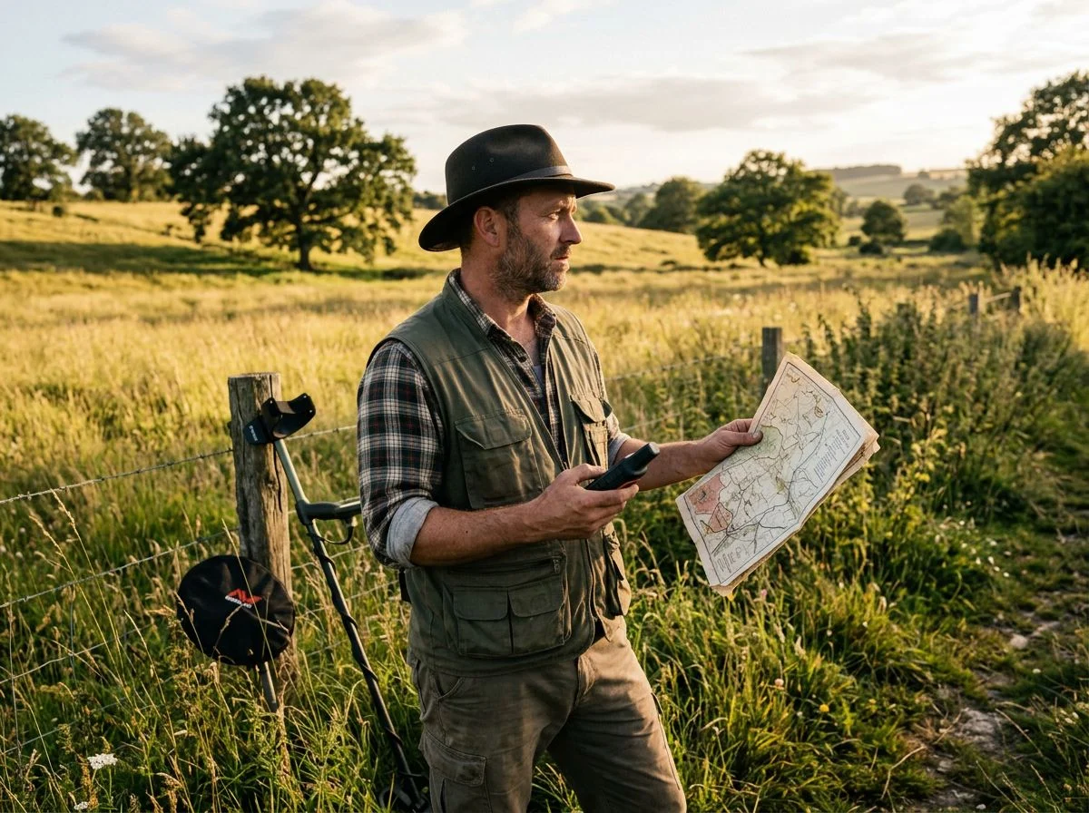Man comparing old map to landscape while holding GPS unit in overgrown field