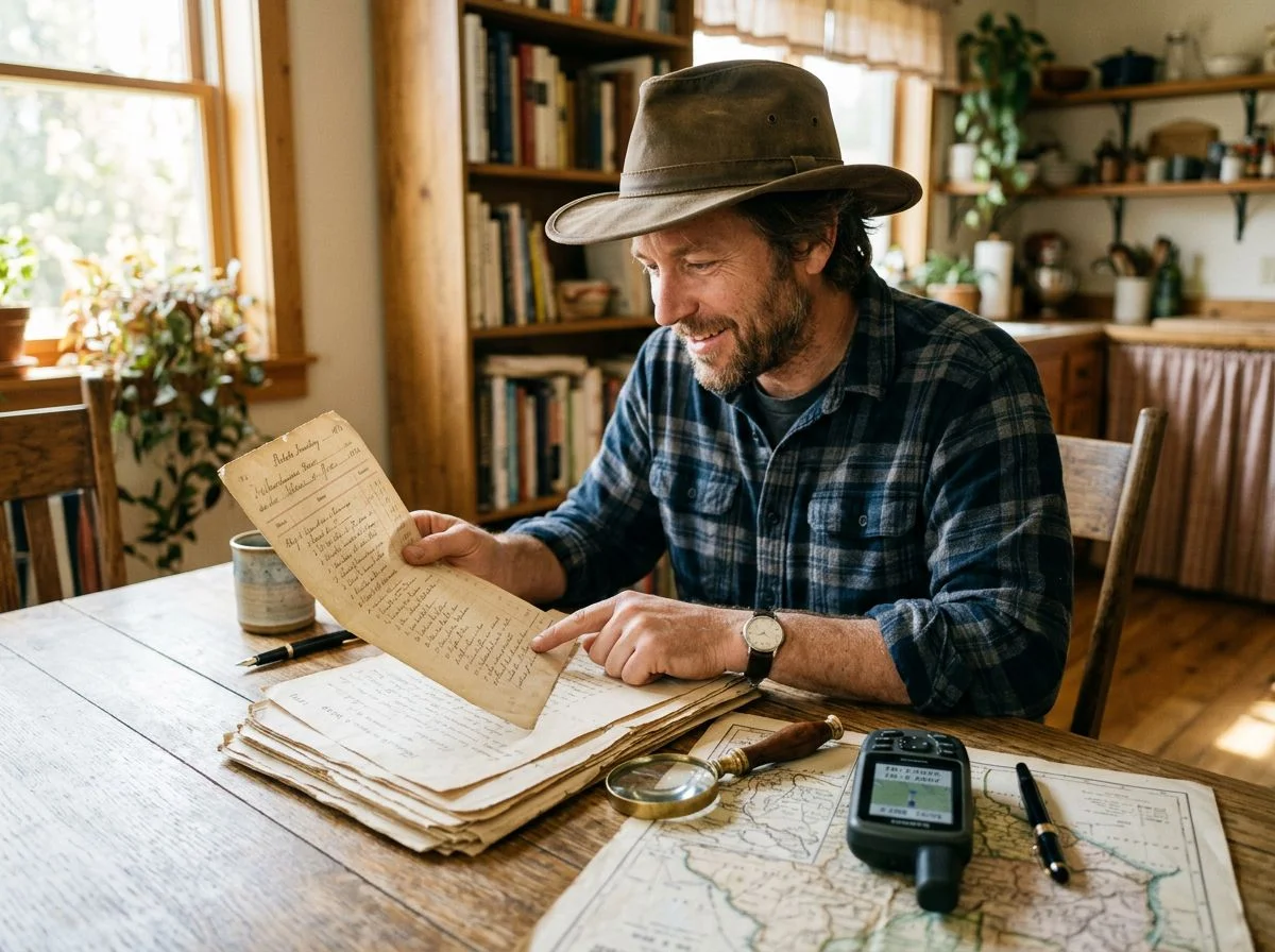 Man at kitchen table studying old probate records with magnifying glass and GPS unit