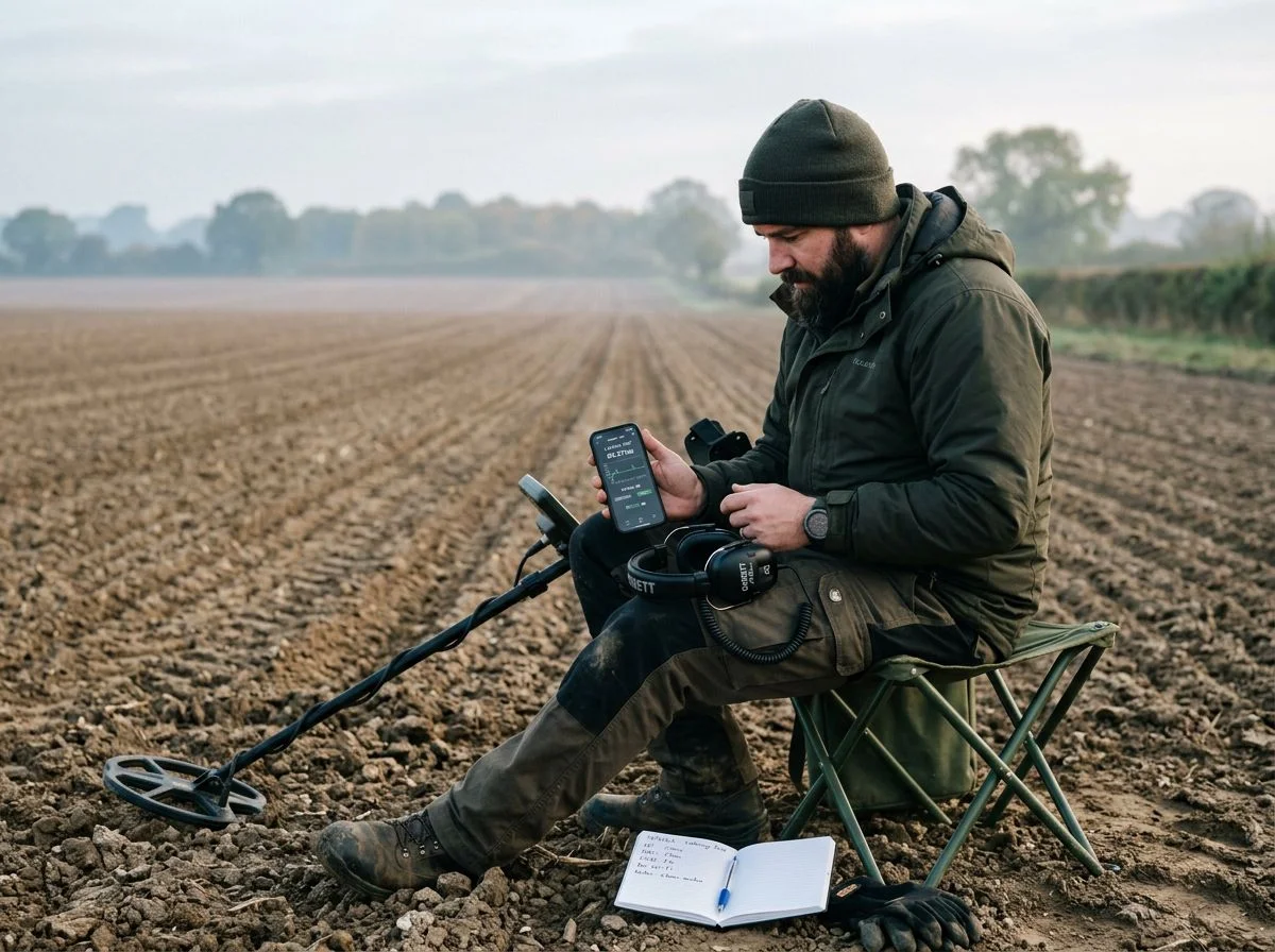 Detectorist comparing wireless headphone latency numbers on a phone app with handwritten notes