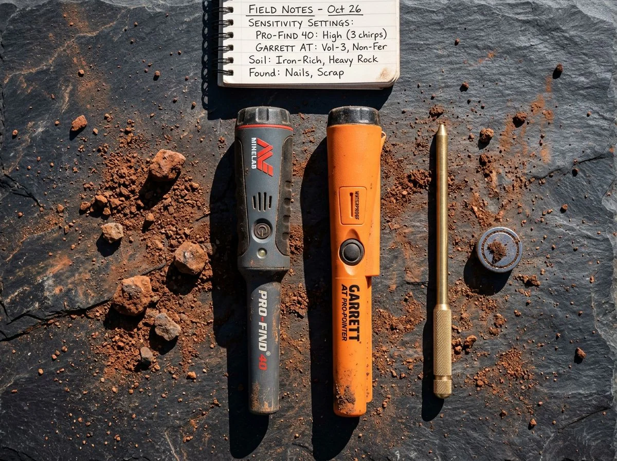 Overhead view of a Minelab Pro-Find 40 and Garrett AT Propointer side by side on slate with iron-rich soil, field notebook, brass probe, and magnet.