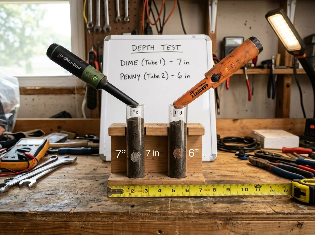 Two pinpointers on a workbench undergoing a depth test with coins buried in clear tubes, measuring tape, and a whiteboard showing depth numbers.