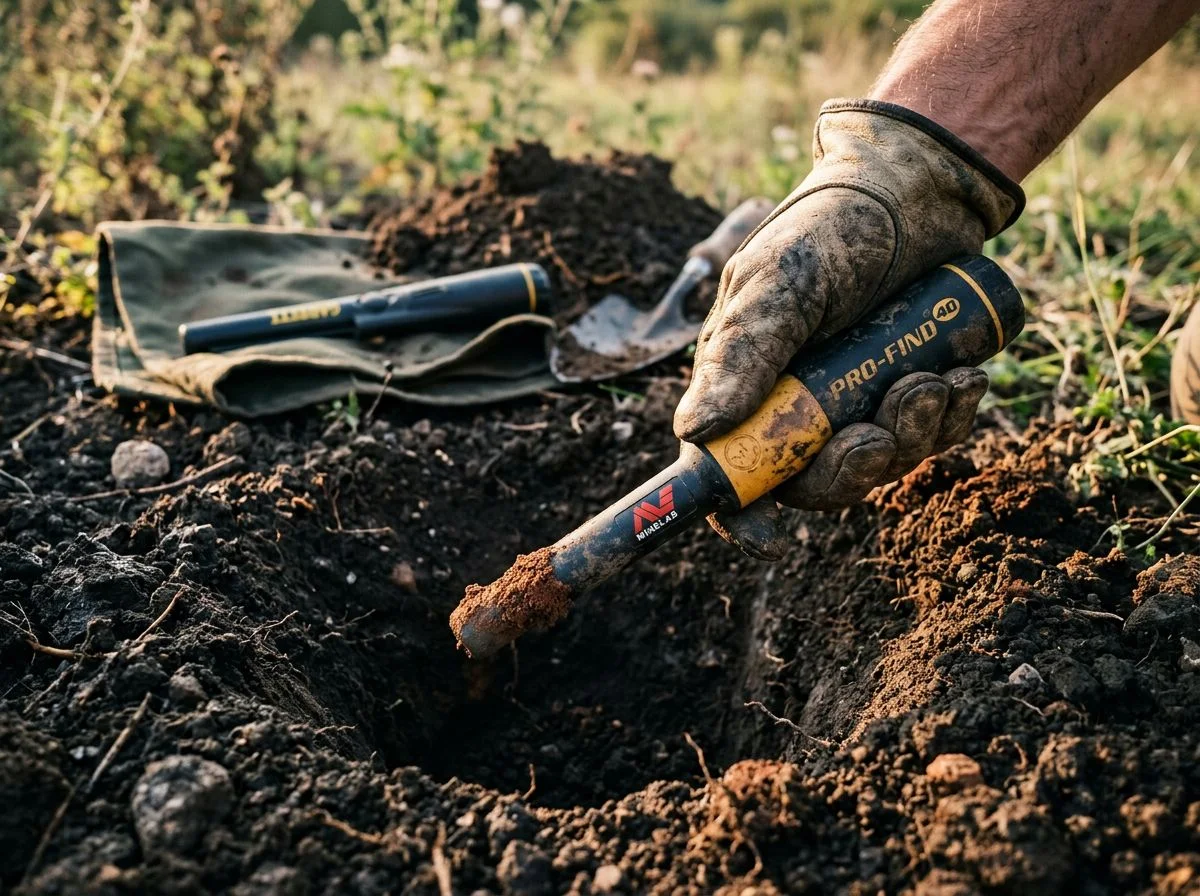 Hand holding a Minelab Pro-Find 40 pinpointer over a freshly dug hole in mineralized soil, with a Garrett AT pinpointer resting on a towel in the background.