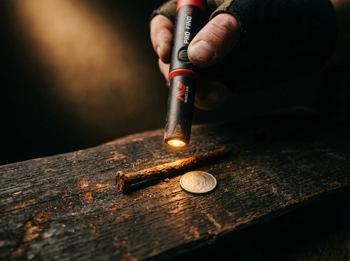 Macro shot of a Minelab Pro-Find 40 pinpointer tip hovering over a rusty iron nail and a silver coin on dark wood, with LED indicator glowing.