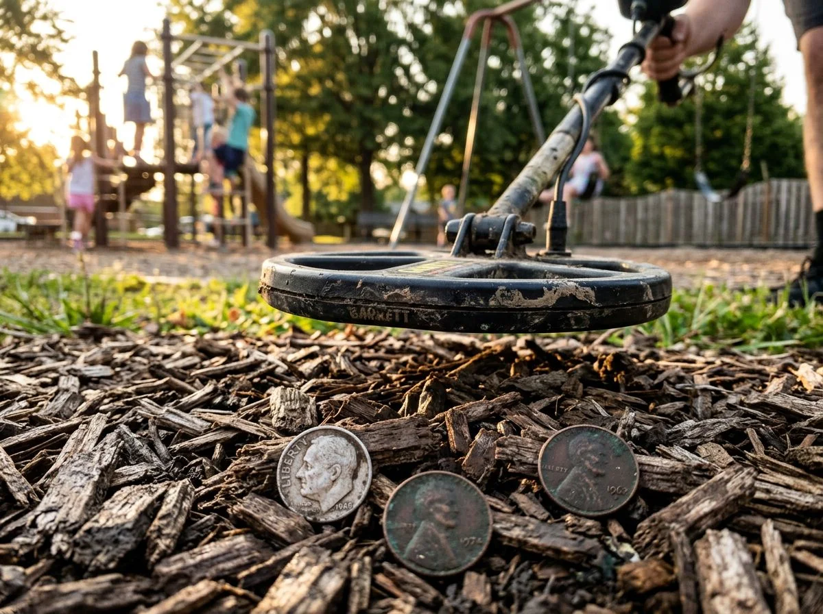 Metal detector coil hovering over wood chips with old coins partially visible in the mulch