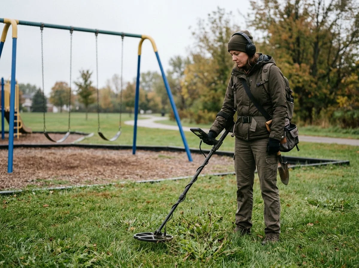 Detectorist holding a metal detector with erratic readings near a playground swing set