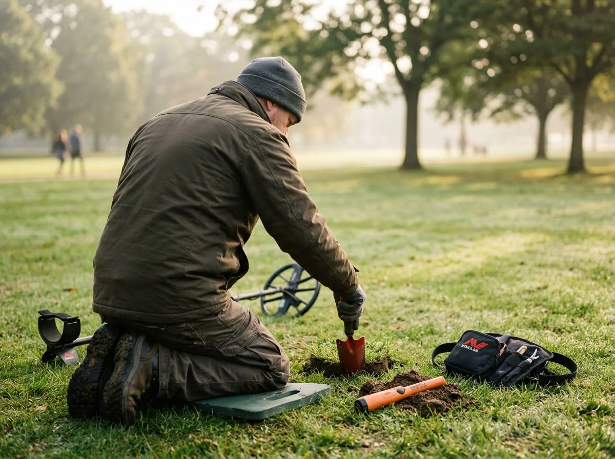 Detectorist kneeling in a park carefully digging a neat plug with a hand trowel