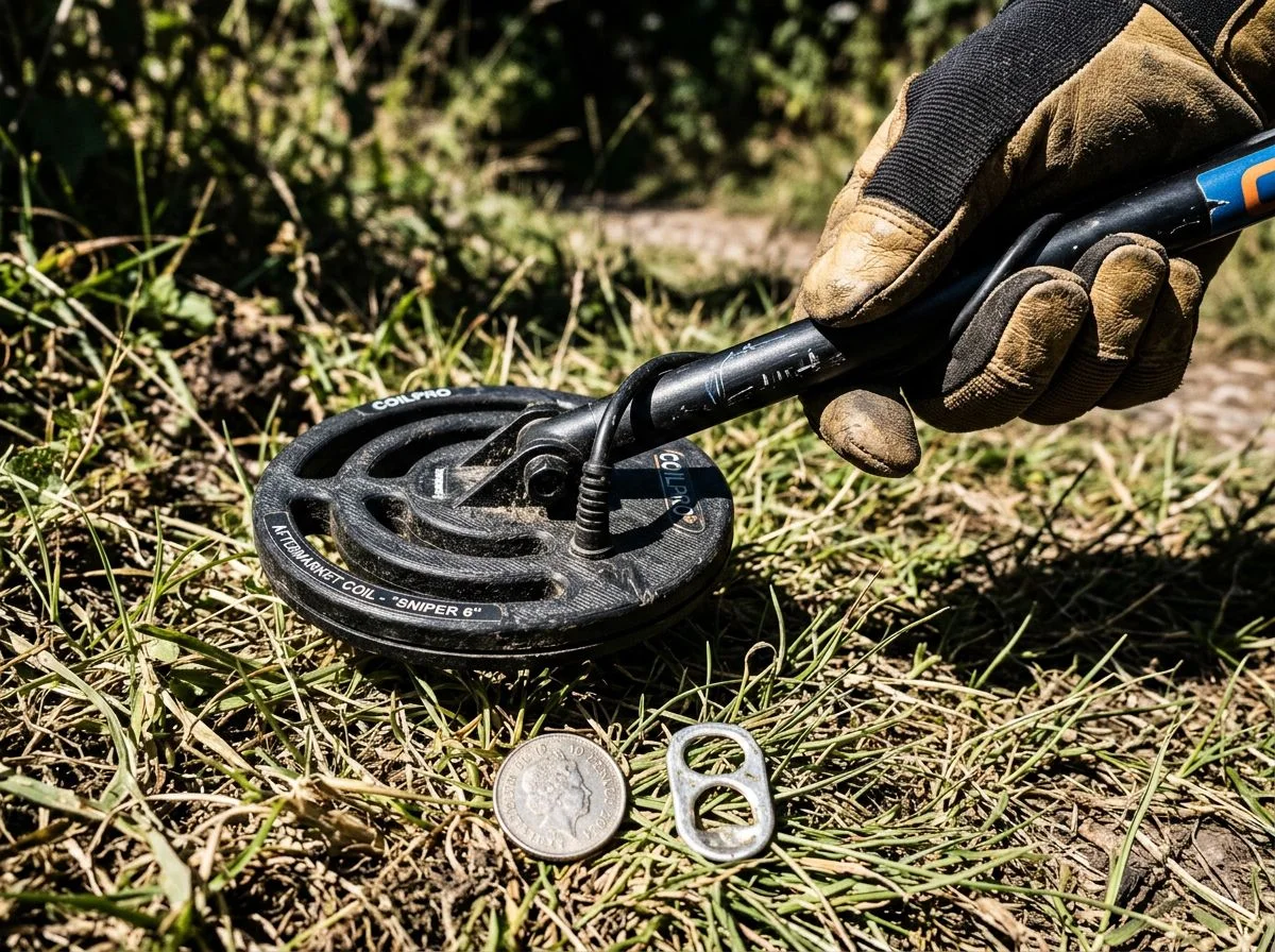 Close-up of a small metal detector search coil over grass with a coin and pull tab visible