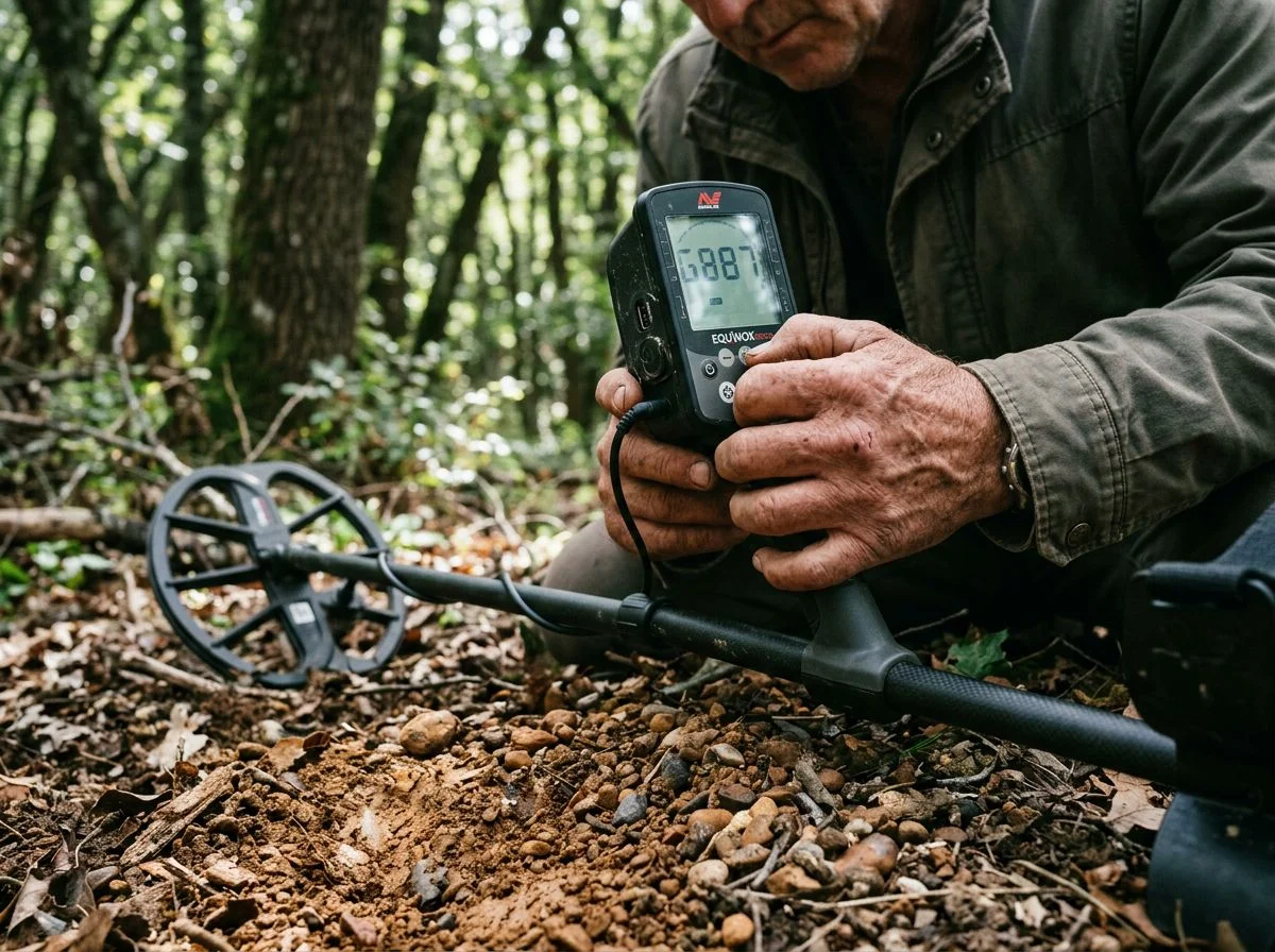 Hands adjusting ground balance on a metal detector with LCD screen showing a reading of 87 in red clay terrain
