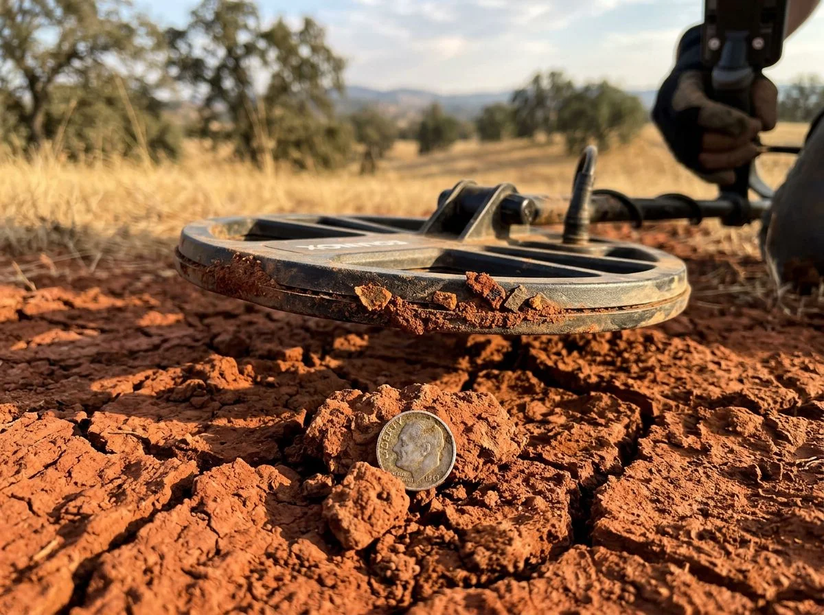 Metal detector coil hovering over cracked red clay soil with a tarnished silver dime partially embedded nearby