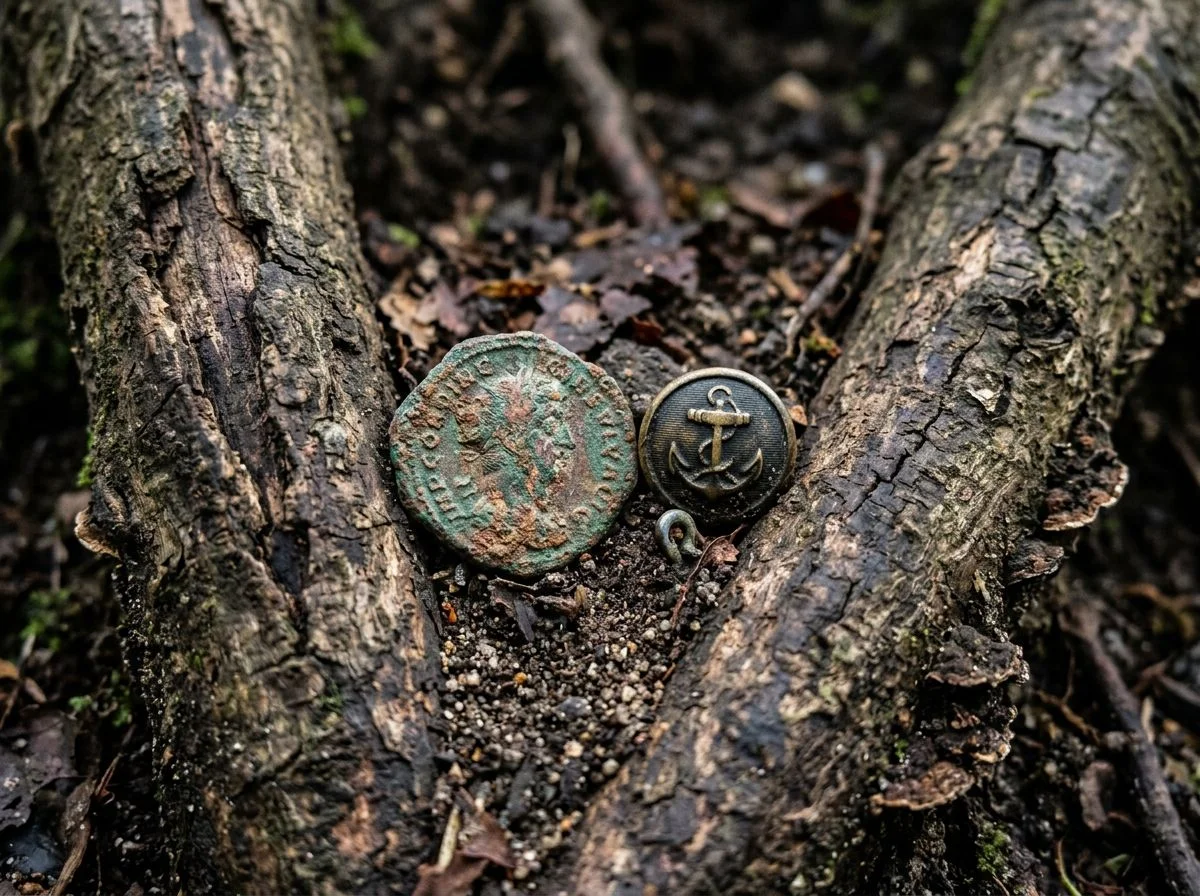Corroded coin and brass button wedged in a crevice between two thick tree roots