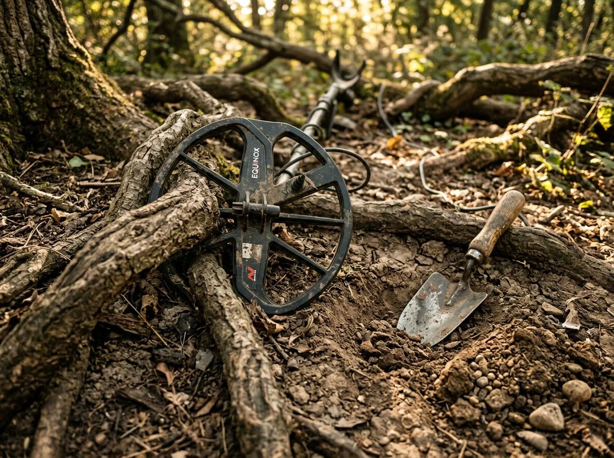Metal detector coil wedged between thick tree roots in dry soil with a hand trowel nearby
