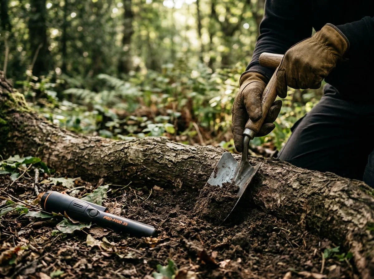 Gloved hands using a hand digger to work soil away from a thick tree root, pinpointer on the ground nearby