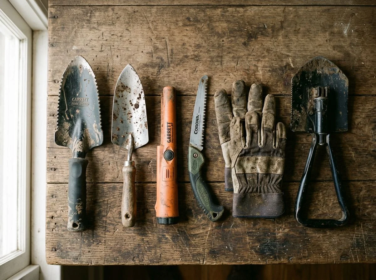 Overhead flat-lay of metal detecting hand tools including digger, trowel, pinpointer, pruning saw, gloves, and folding shovel