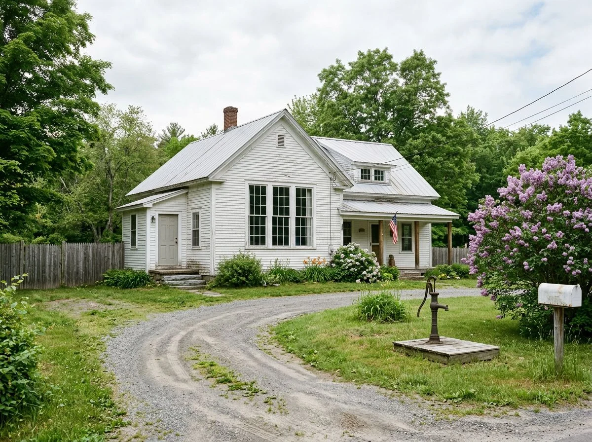 Rural farmhouse with architectural details suggesting a converted schoolhouse
