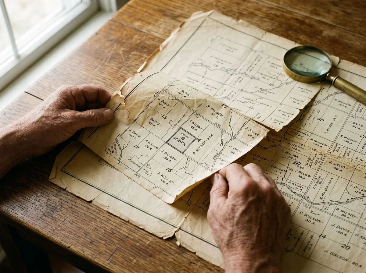 Hands unfolding a vintage county plat map showing a schoolhouse location