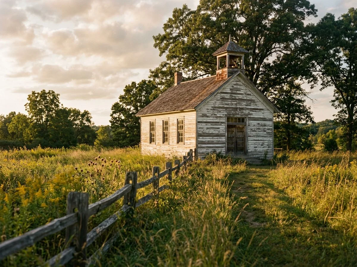 Weathered one-room wooden schoolhouse in an overgrown field at golden hour