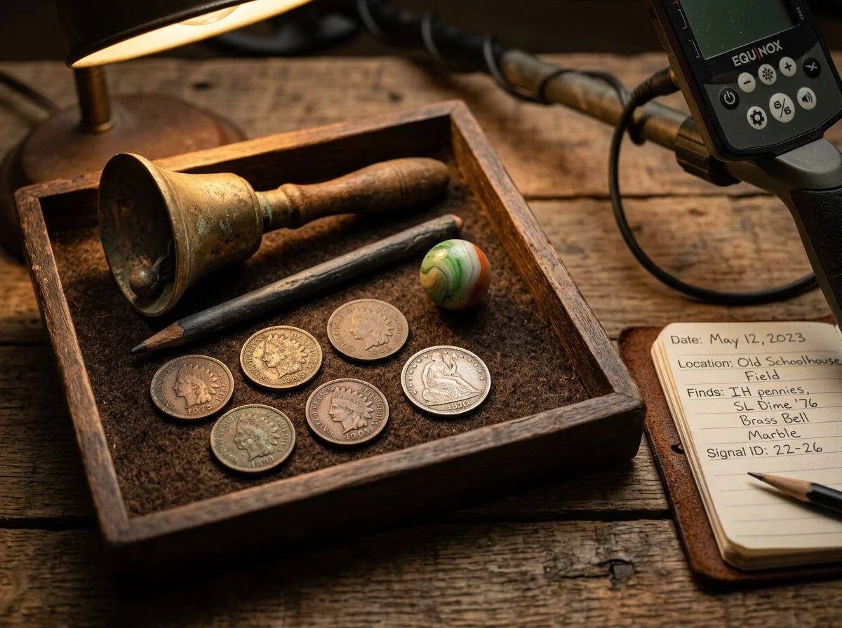 Display tray of metal detecting finds from a schoolhouse site including coins, a bell, and a slate pencil