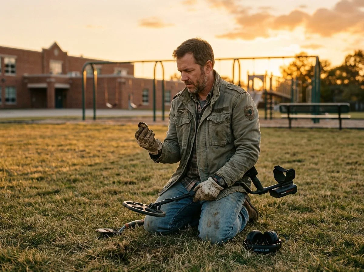 A man kneels in a grassy schoolyard at sunset, examining a small object found with a metal detector while the empty playground glows in warm backlight.