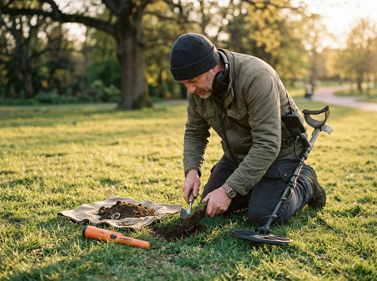 Detectorist kneeling and carefully cutting a turf plug with a hand digger during the final buffer minutes of a hunt
