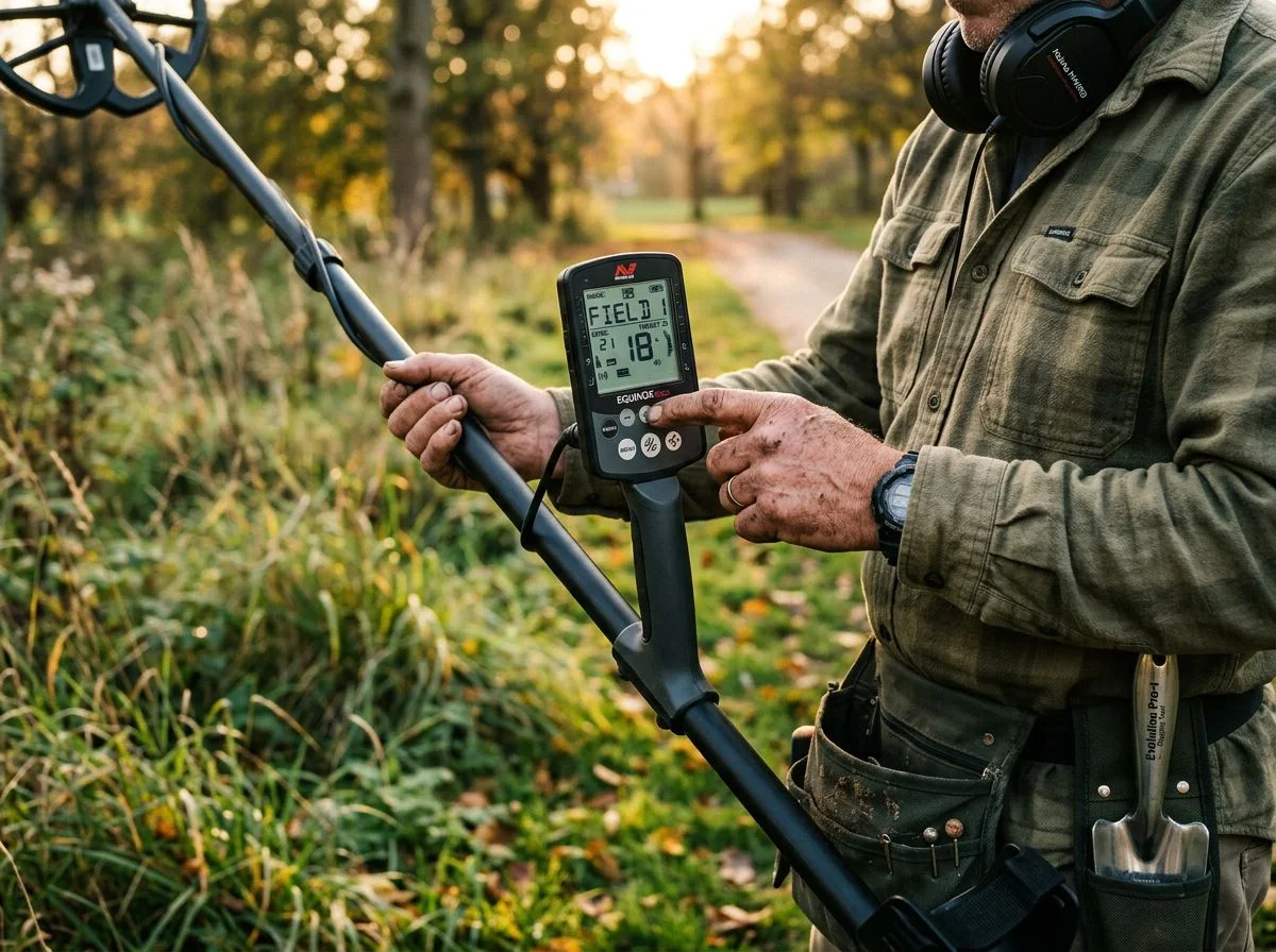 Close-up of hands adjusting settings on a metal detector control box at golden hour in a park