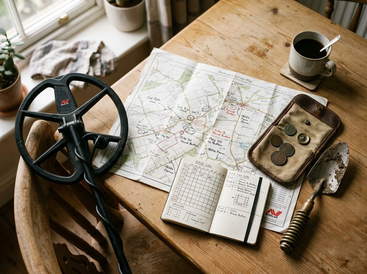 Overhead view of a kitchen table with a marked map, handwritten notes, detector coil, finds pouch, and coffee during hunt planning