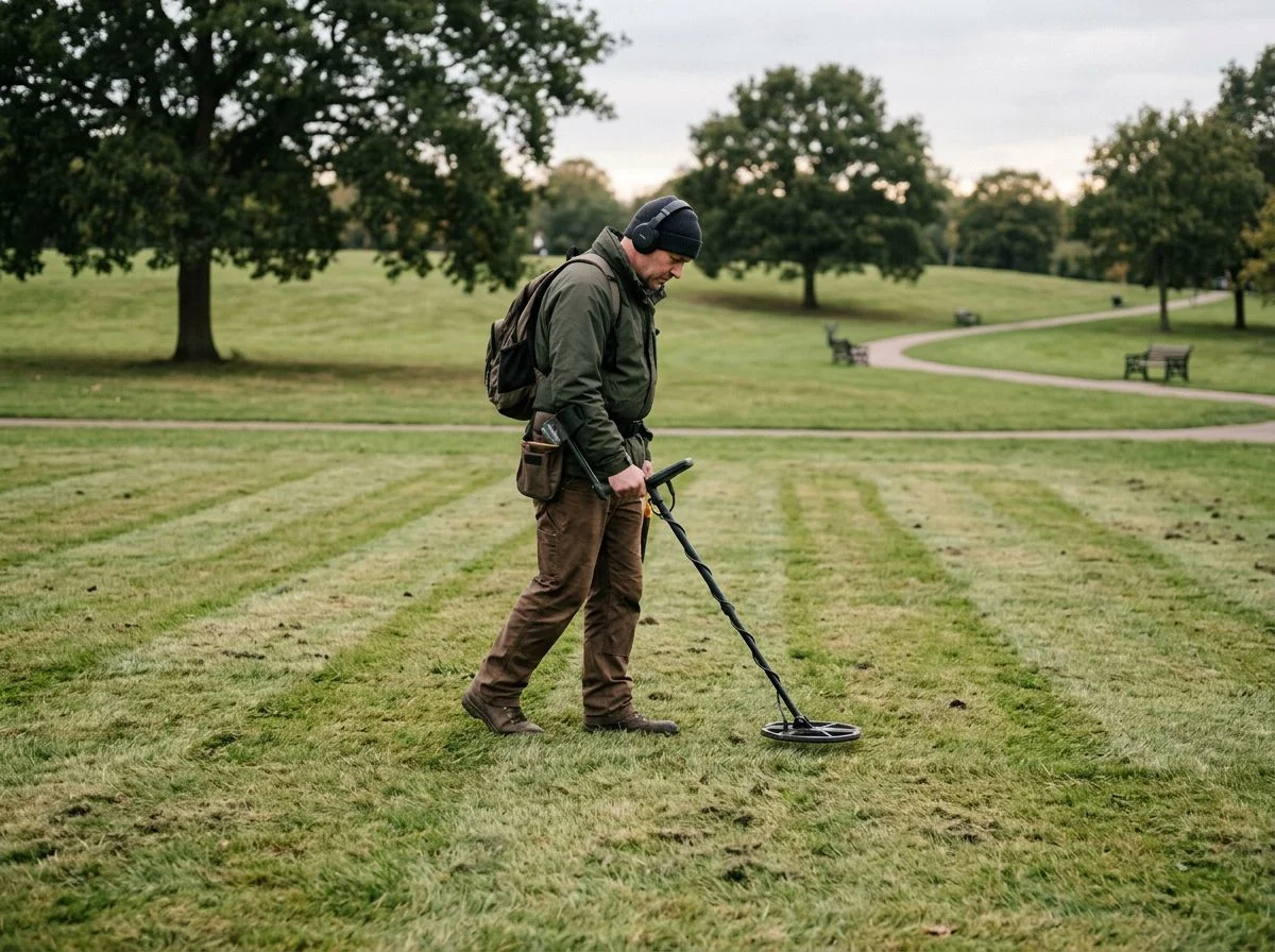 Metal detectorist sweeping a detector coil in an overlapping grid pattern across a grassy park field