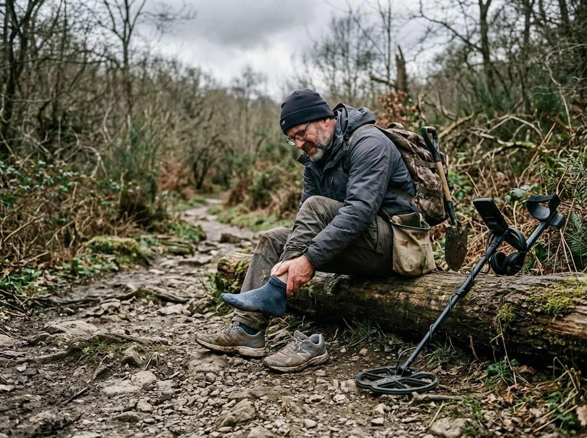 Detectorist in sneakers rubbing an ankle while sitting on a log.