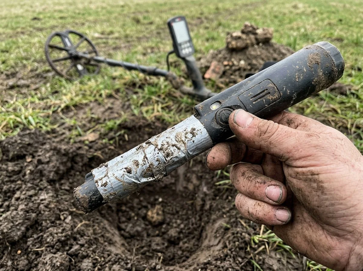 Hand holding a pinpointer with duct tape wrapped around the shaft near the tip in a field