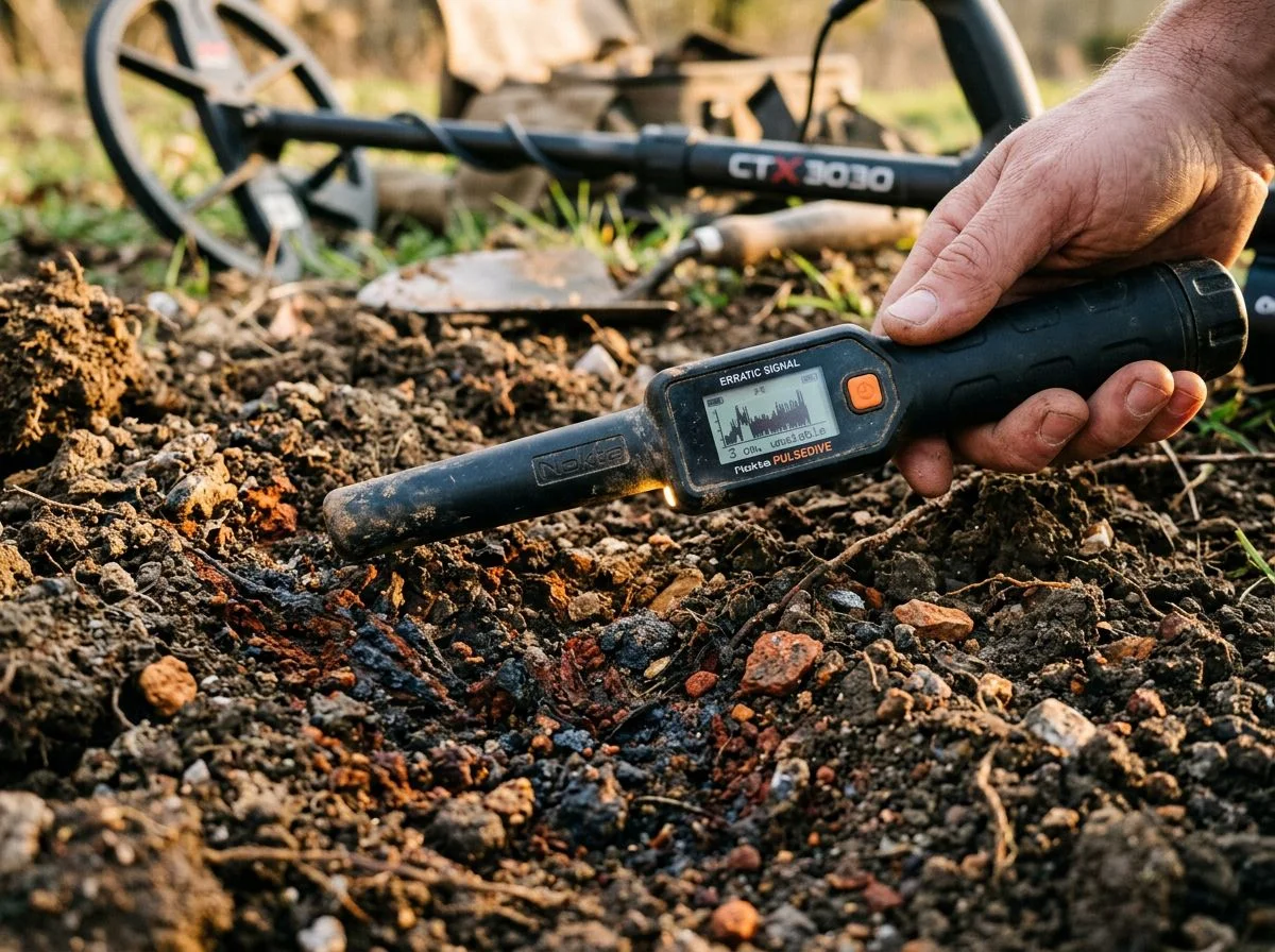 Pinpointer with glowing LED over dark mineralized soil with iron streaks and small stones