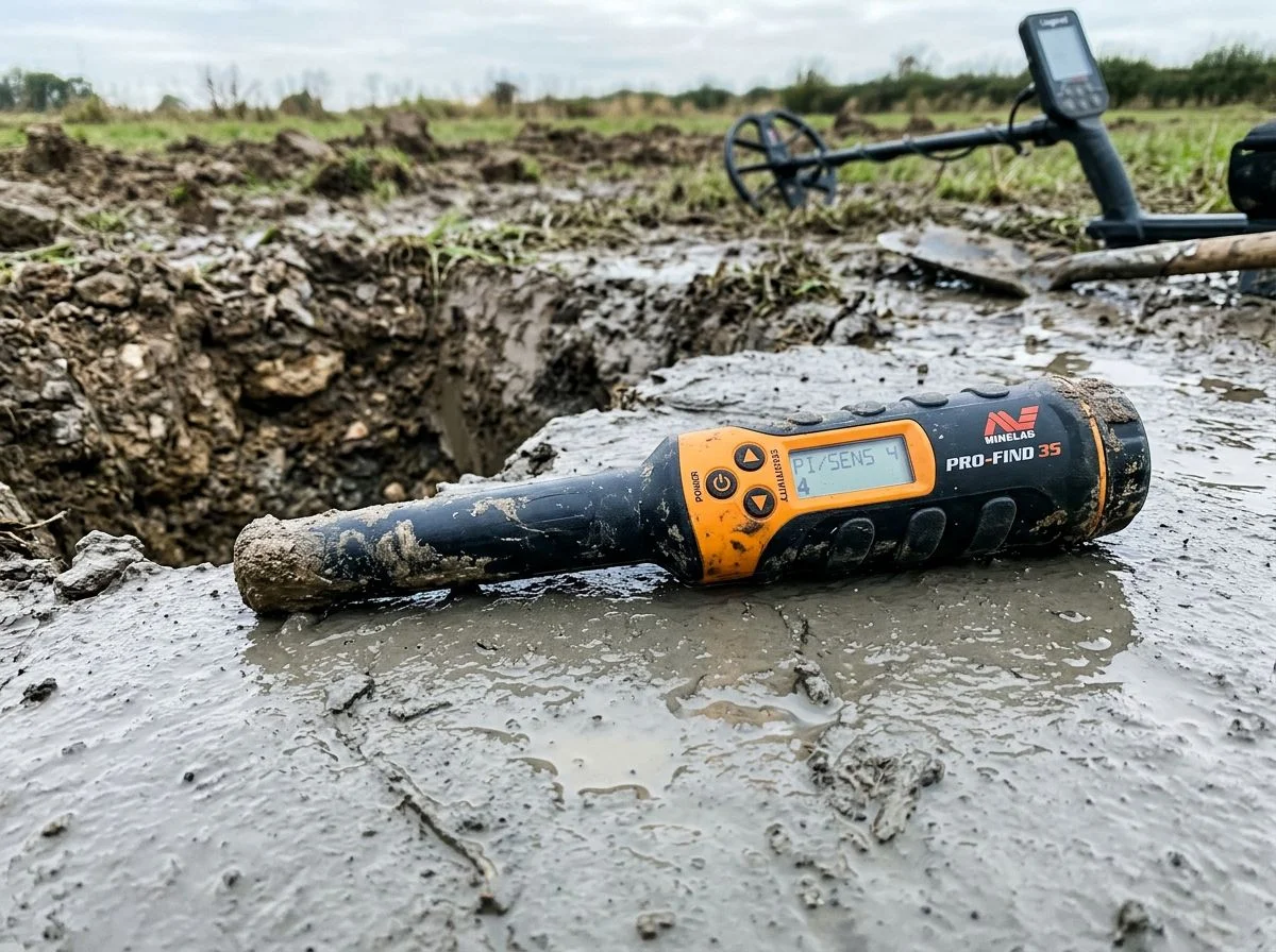 Pulse induction pinpointer lying on wet gray clay beside a deep dig hole in a muddy field