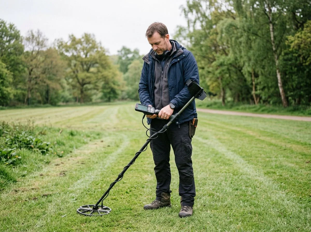 Man adjusting the shaft length of his metal detector in a grassy field