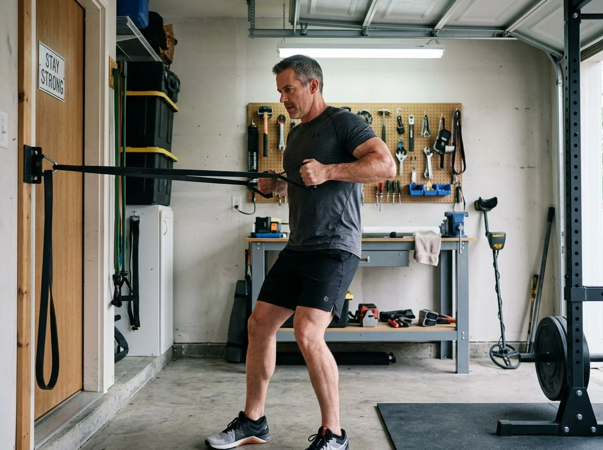 Man performing a resistance band row exercise in a garage gym with a metal detector in the background