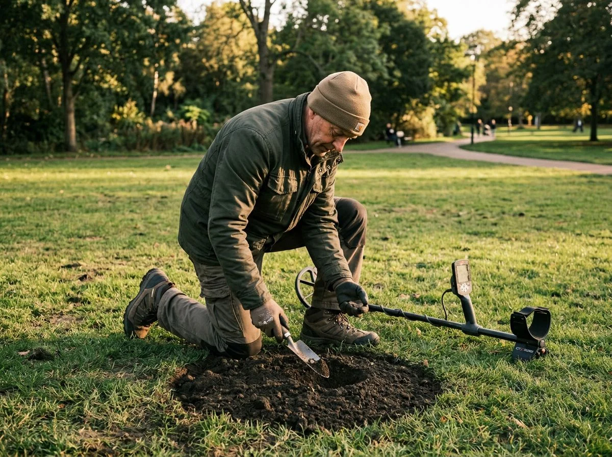 Man kneeling with straight back while digging a target from a neat grass plug