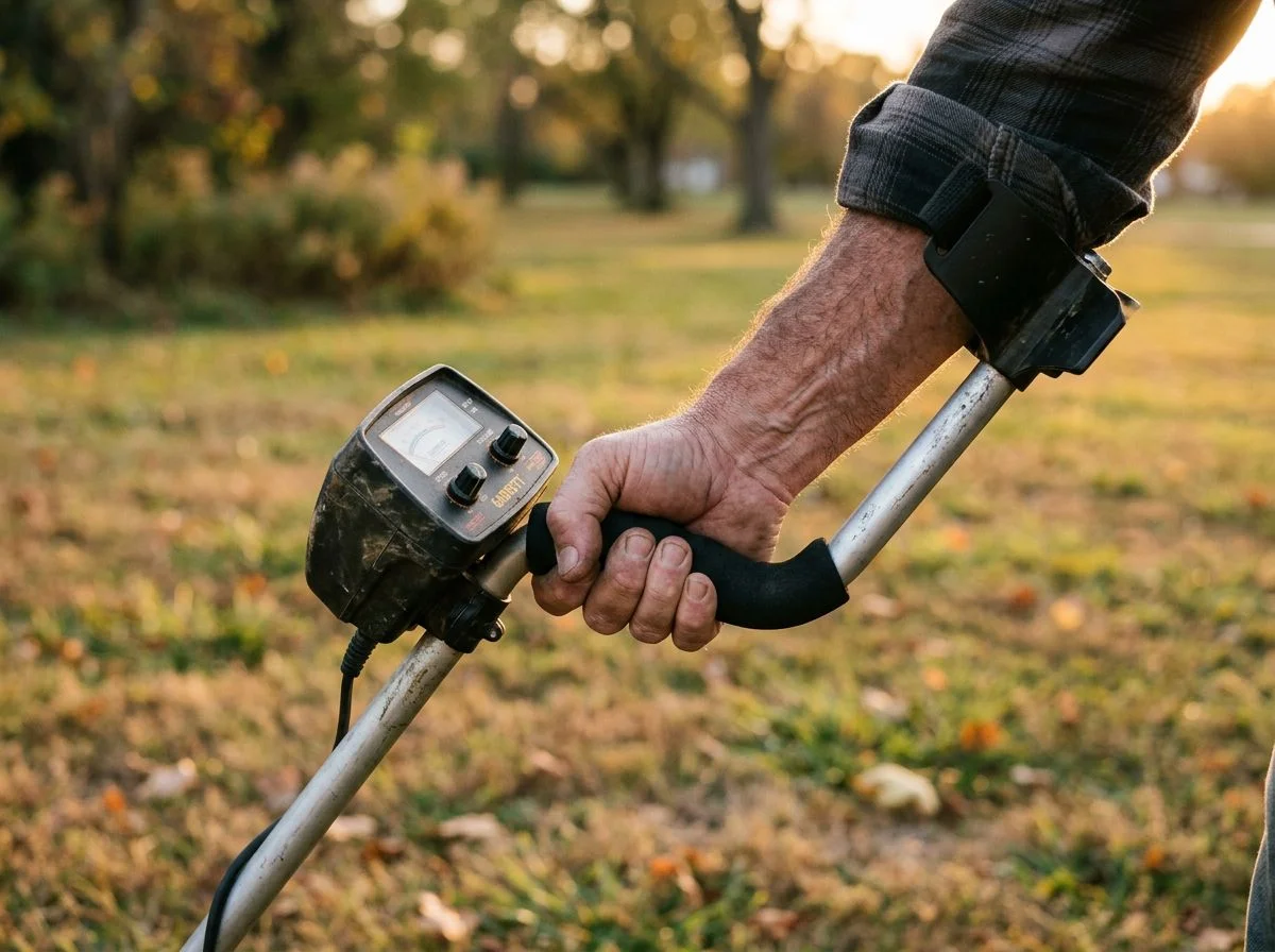 Close-up of a hand gripping a metal detector handle with visible strain and awkward wrist angle