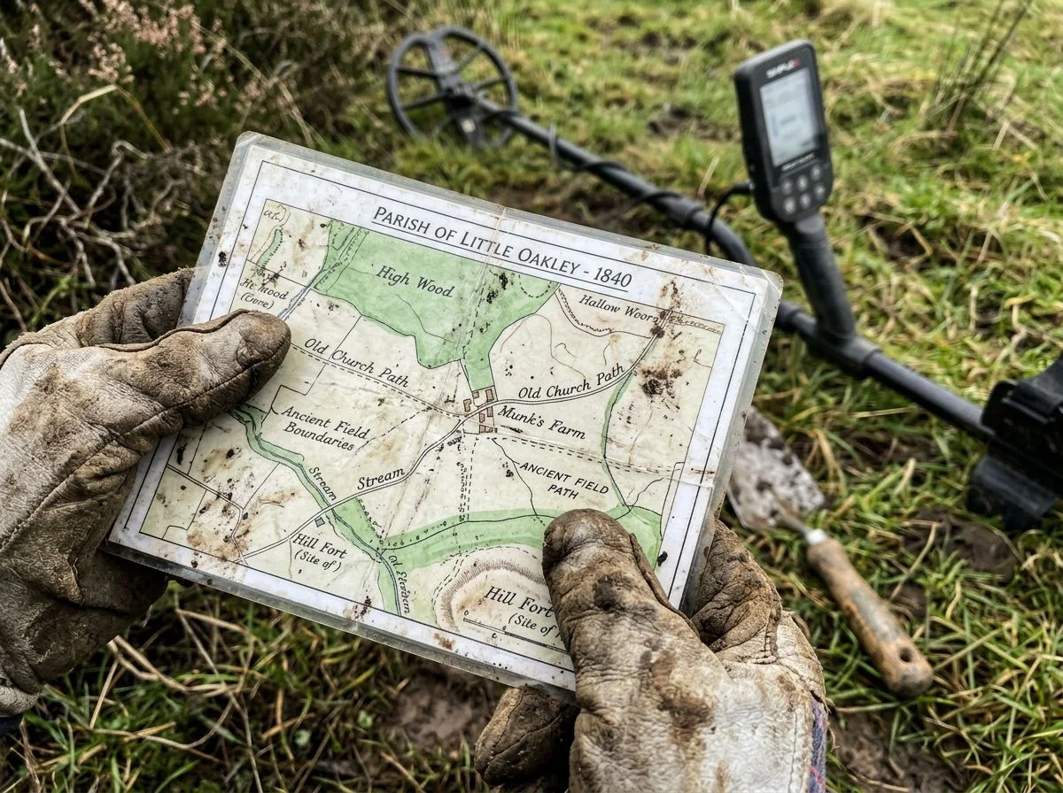 Gloved hands holding a laminated, mud-smudged historical map during a metal detecting outing