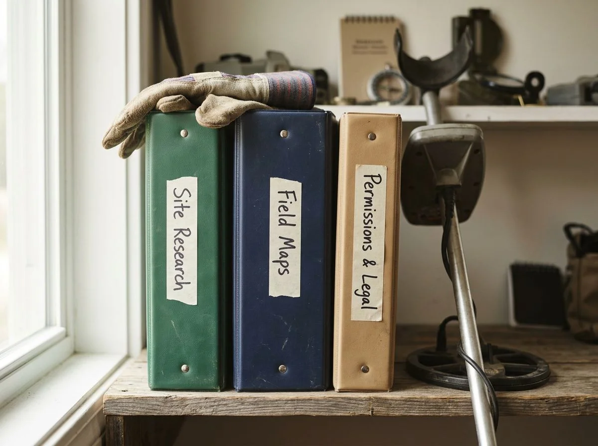 Three labeled binders in different colors on a shelf beside a metal detector and work gloves