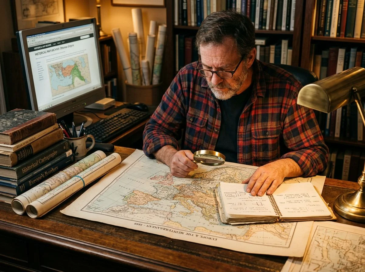 Man studying a large historical map with a magnifying glass at a desk cluttered with research materials