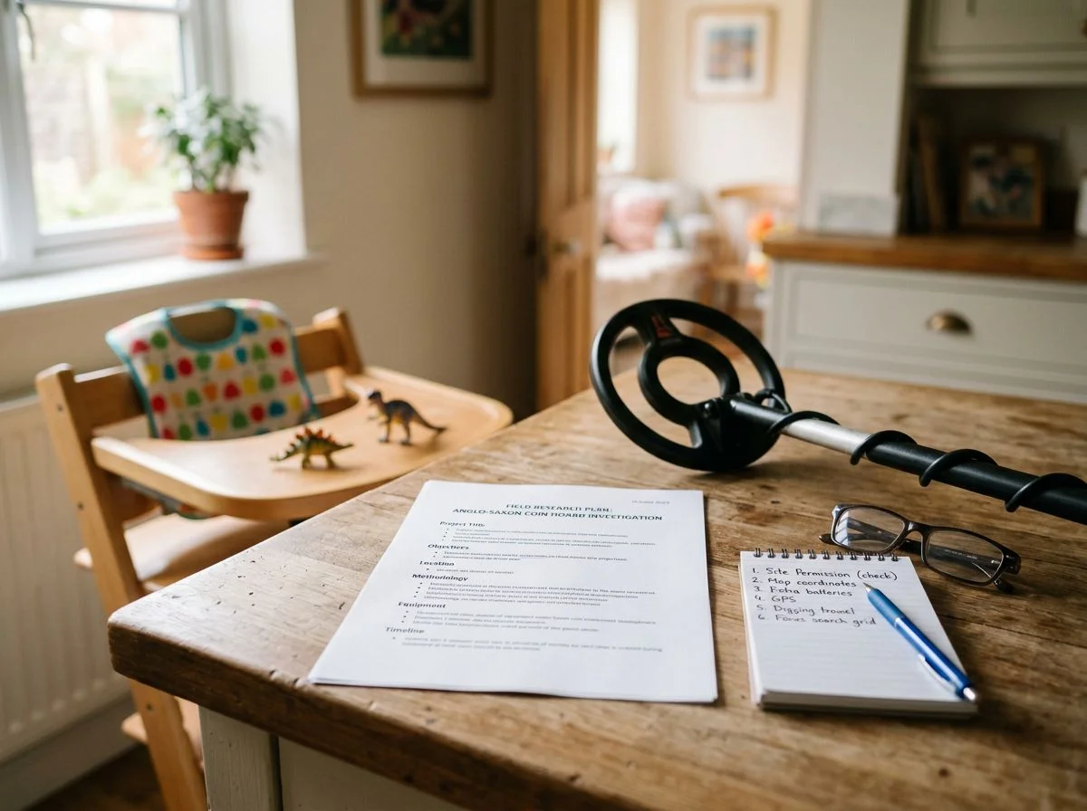 A one-page research plan on a kitchen counter beside a metal detector coil and notepad