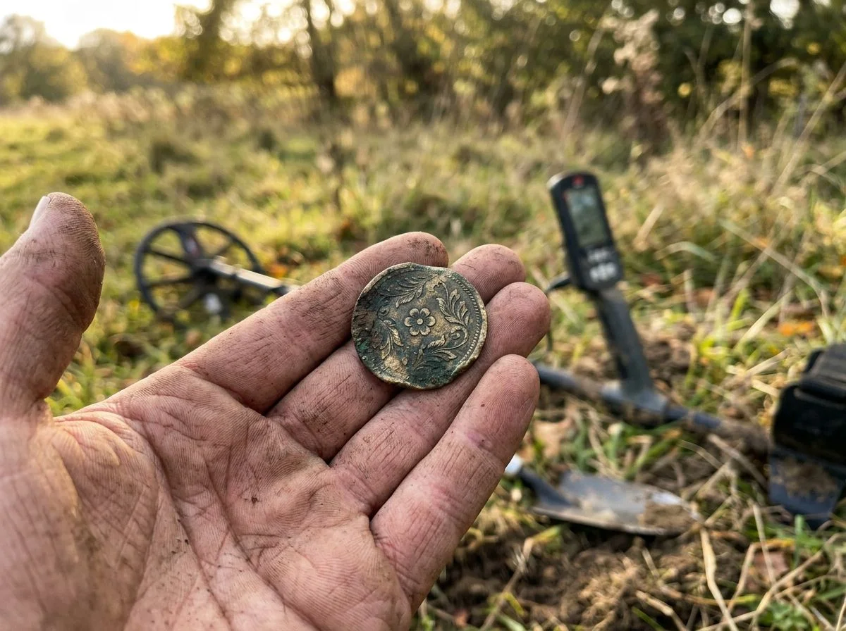Weathered brass button with green patina resting in a dirt-dusted hand, metal detector blurred in background