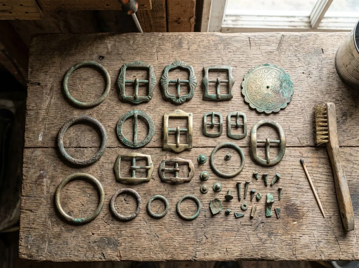 Assortment of brass harness buckles, rings, and rosettes on a wooden workbench