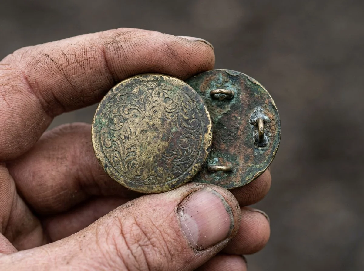 Close-up of a brass bridle rosette showing front pattern and back loops