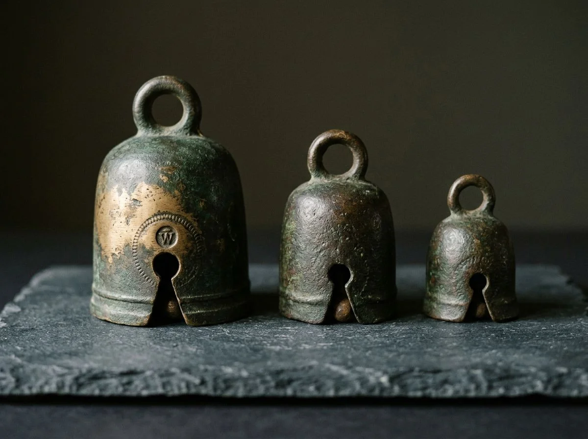 Three antique crotal bells of different sizes on dark slate