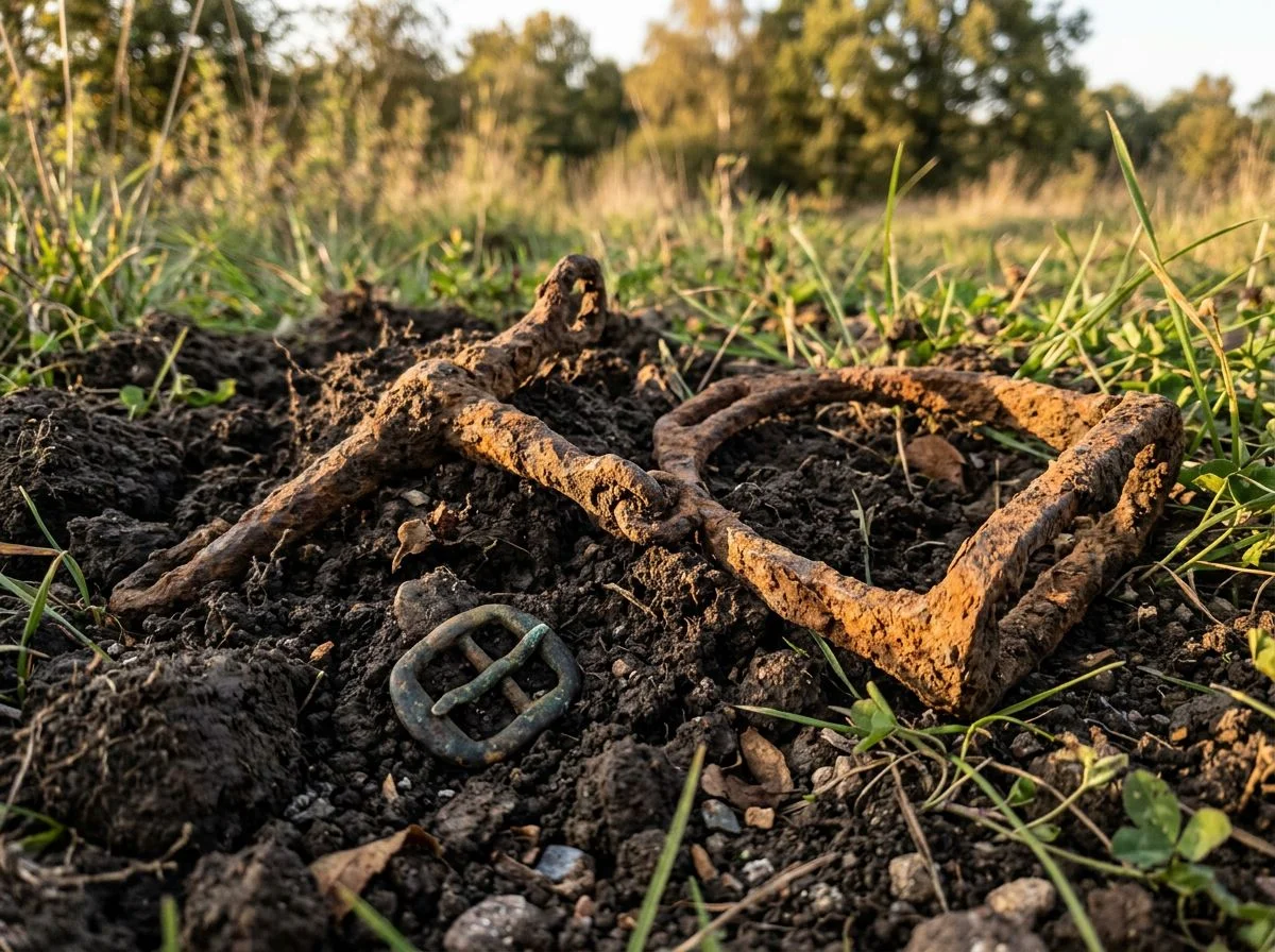 Corroded iron horse bit and stirrup fragment unearthed in dark soil