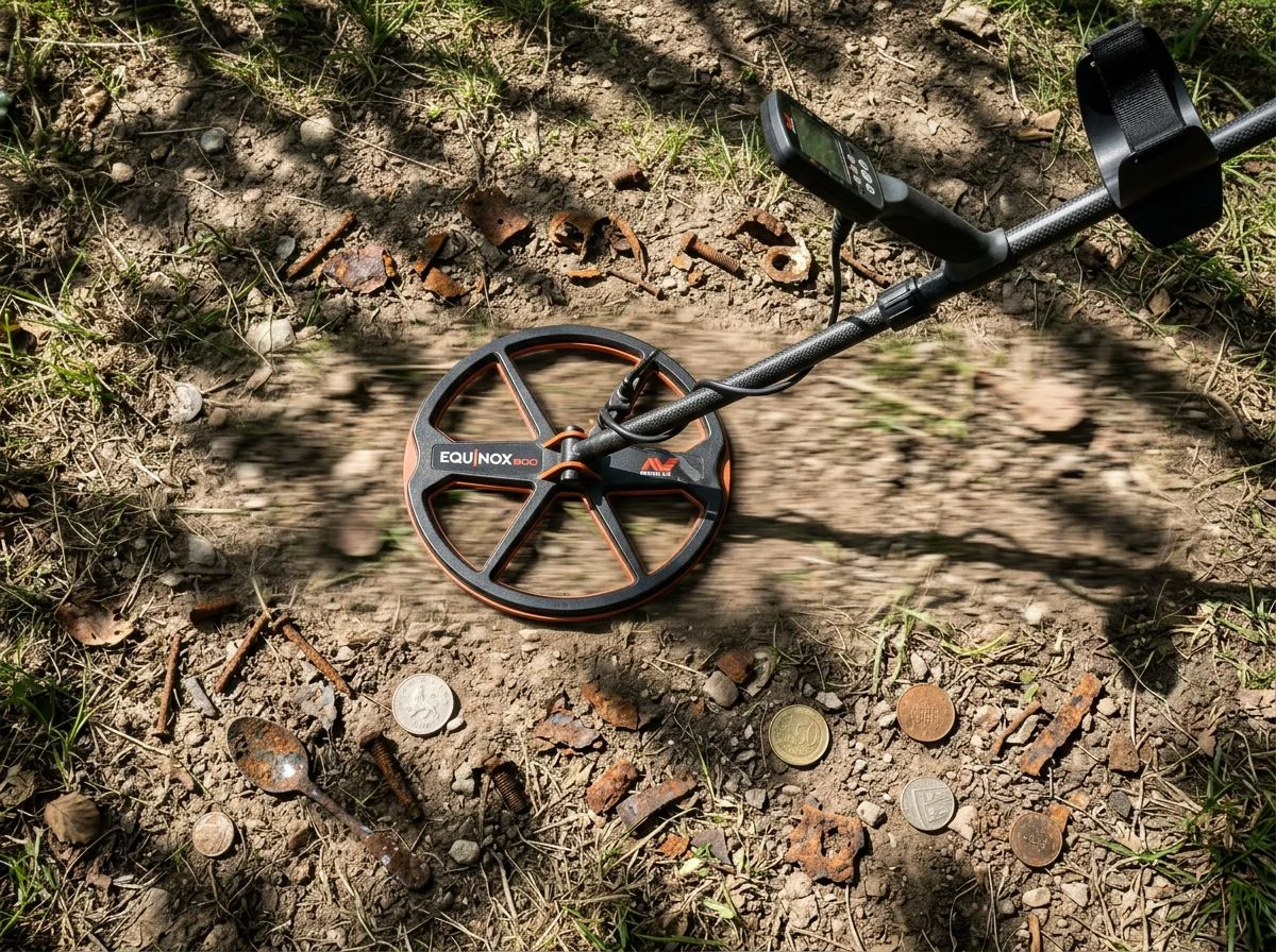 Metal detector coil sweeping over soil with rusted iron fragments and coins visible