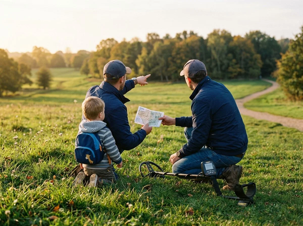 Father and toddler looking at a map in a park with a metal detector