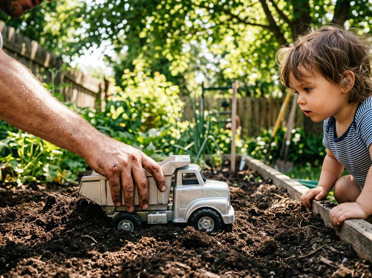 Father burying a toy car in soil while toddler watches