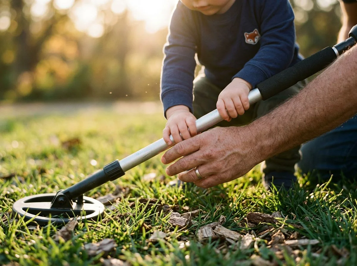 Toddler's hands holding a metal detector with father's hand guiding